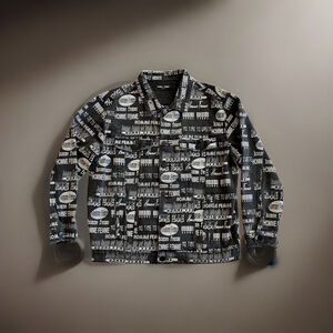 Homme + Femme Men's Black All Over Logo Print Button Front Denim Jacket Xlarge